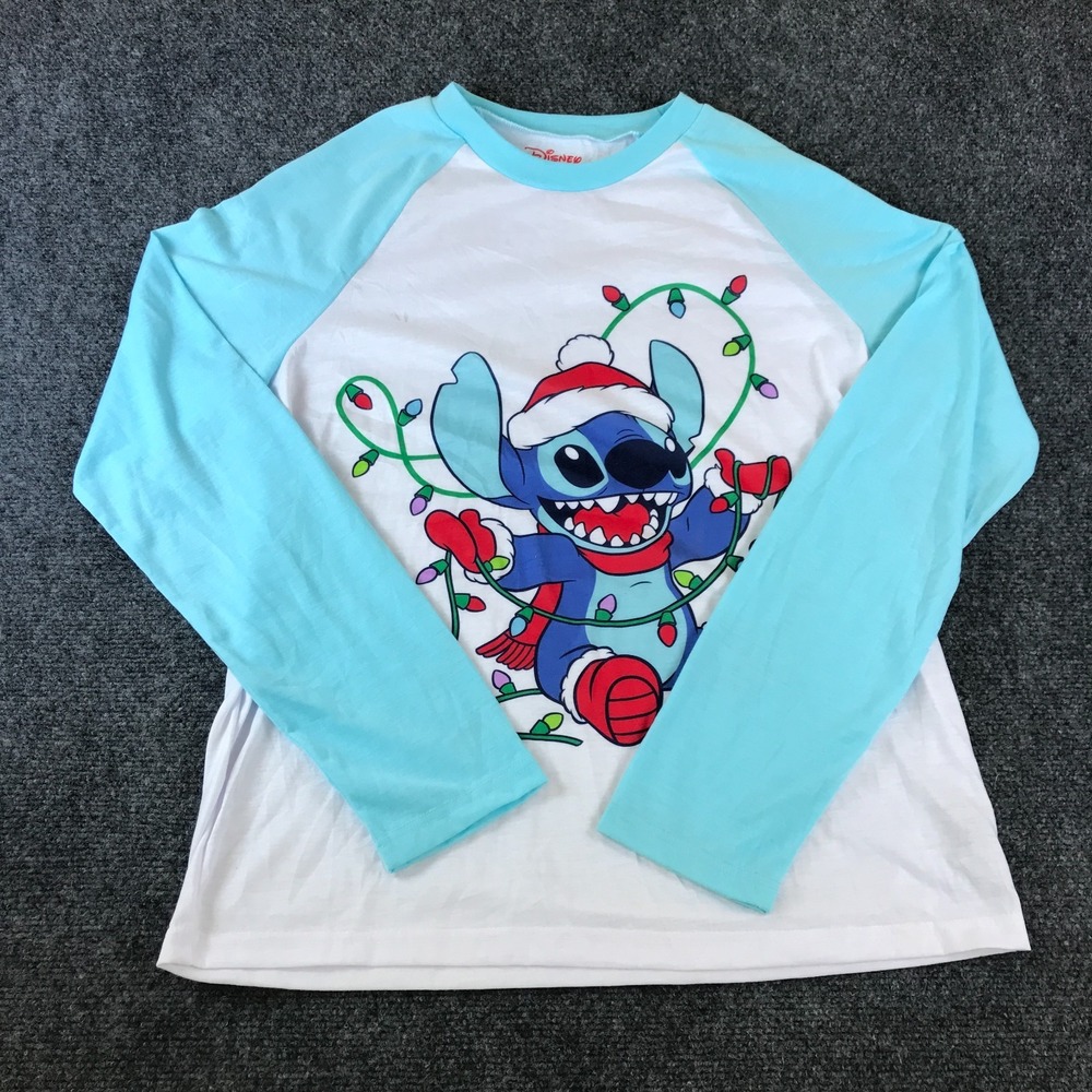 Disney Stitch Christmas Shirt Womens Small White Graphic Raglan Sleeve Holiday